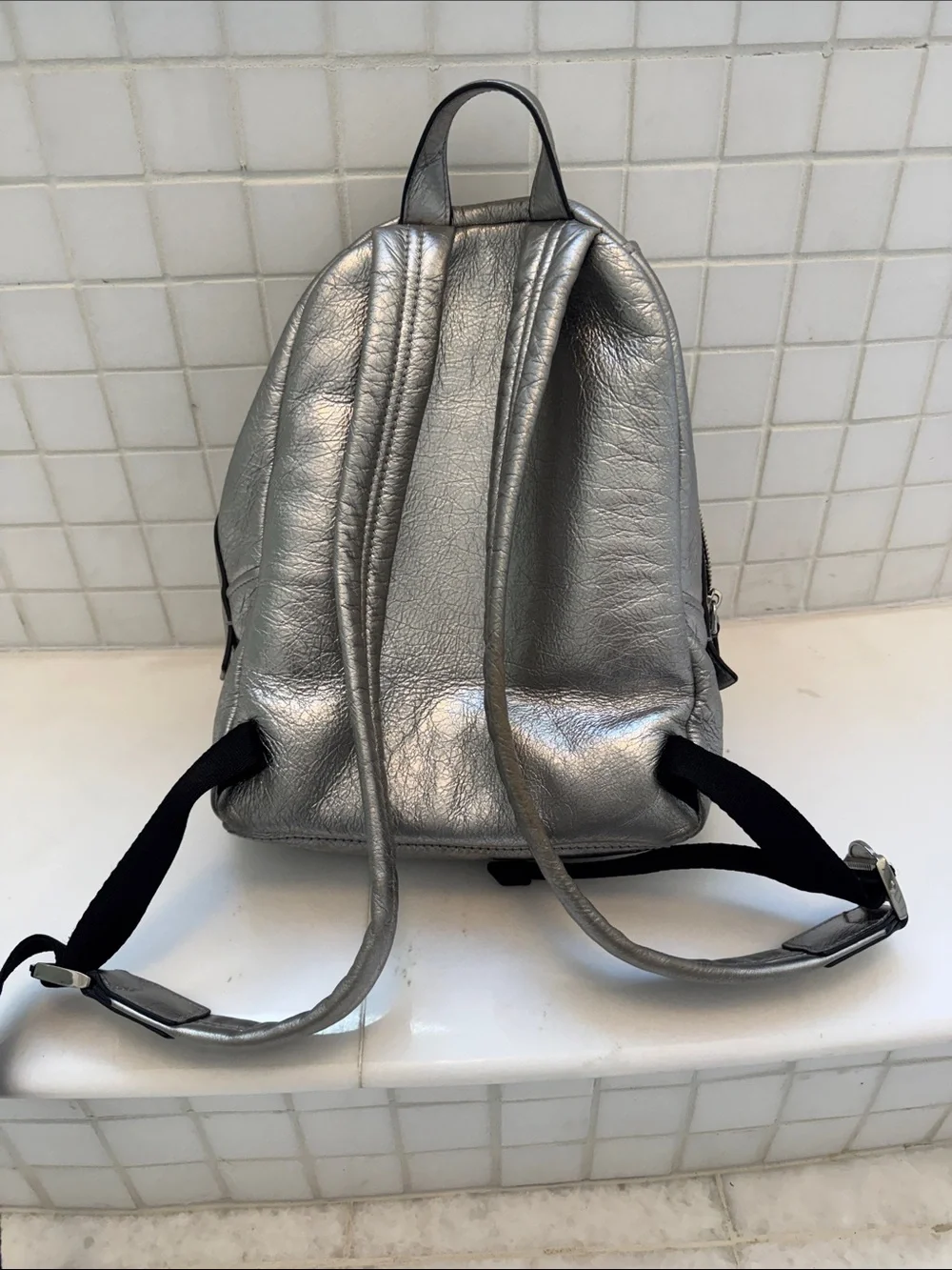 Marc Jacobs Silver Metallic Mini Backpack with Black Embellishment